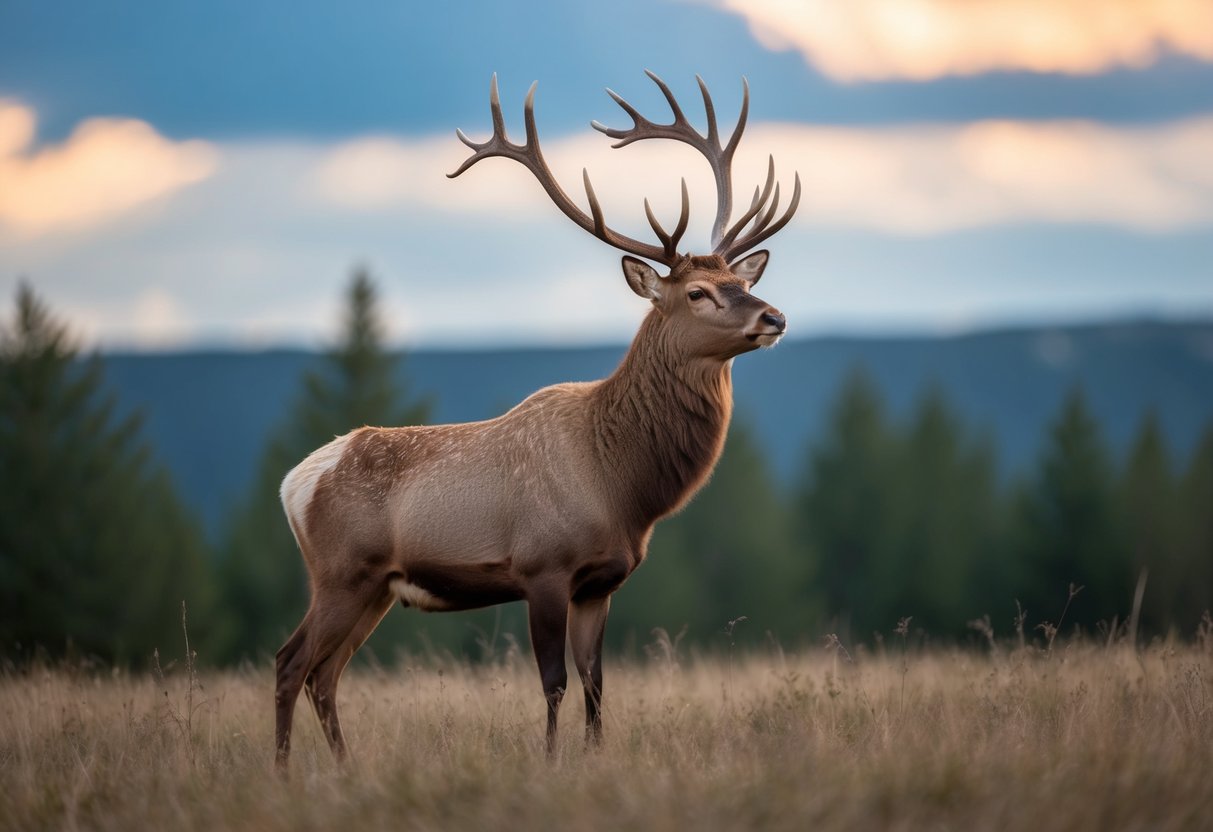 A majestic stag stands proudly amidst a forest clearing, its antlers reaching towards the sky as it surveys its surroundings