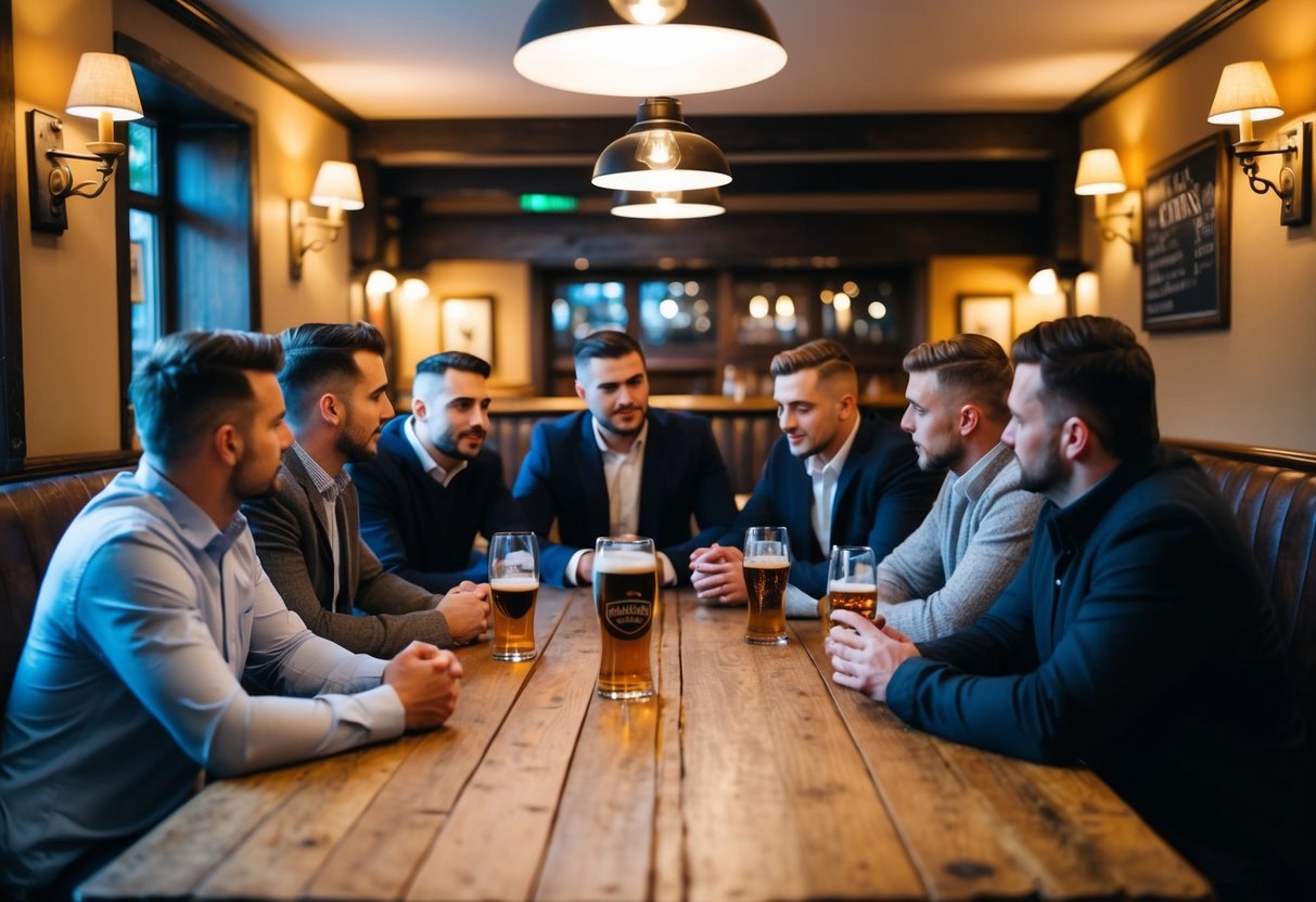 A group of 8 men discuss and plan a stag do itinerary at a rustic wooden table in a cozy, dimly lit pub
