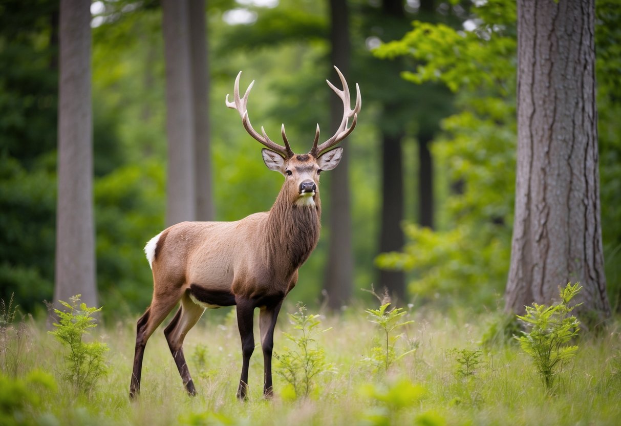 A male stag stands proudly in a lush forest clearing, surrounded by tall trees and vibrant green foliage