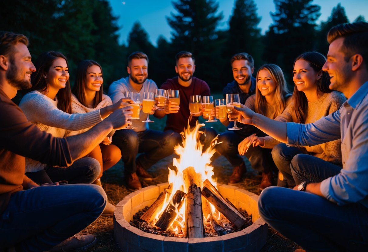 A group of ten friends gathered around a bonfire, toasting drinks and laughing under the stars