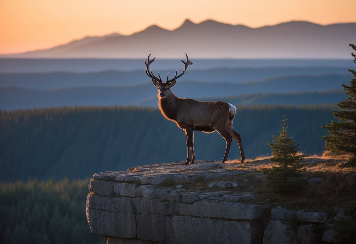 A lone stag stands atop a rocky cliff, surveying the forest below. The sun sets behind the distant mountains, casting a warm glow over the landscape