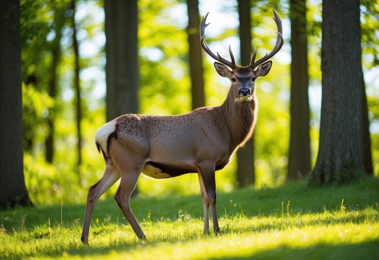 A stag standing in a lush forest, surrounded by vibrant greenery and sunlight streaming through the trees. It appears strong and healthy, showing signs of recovery