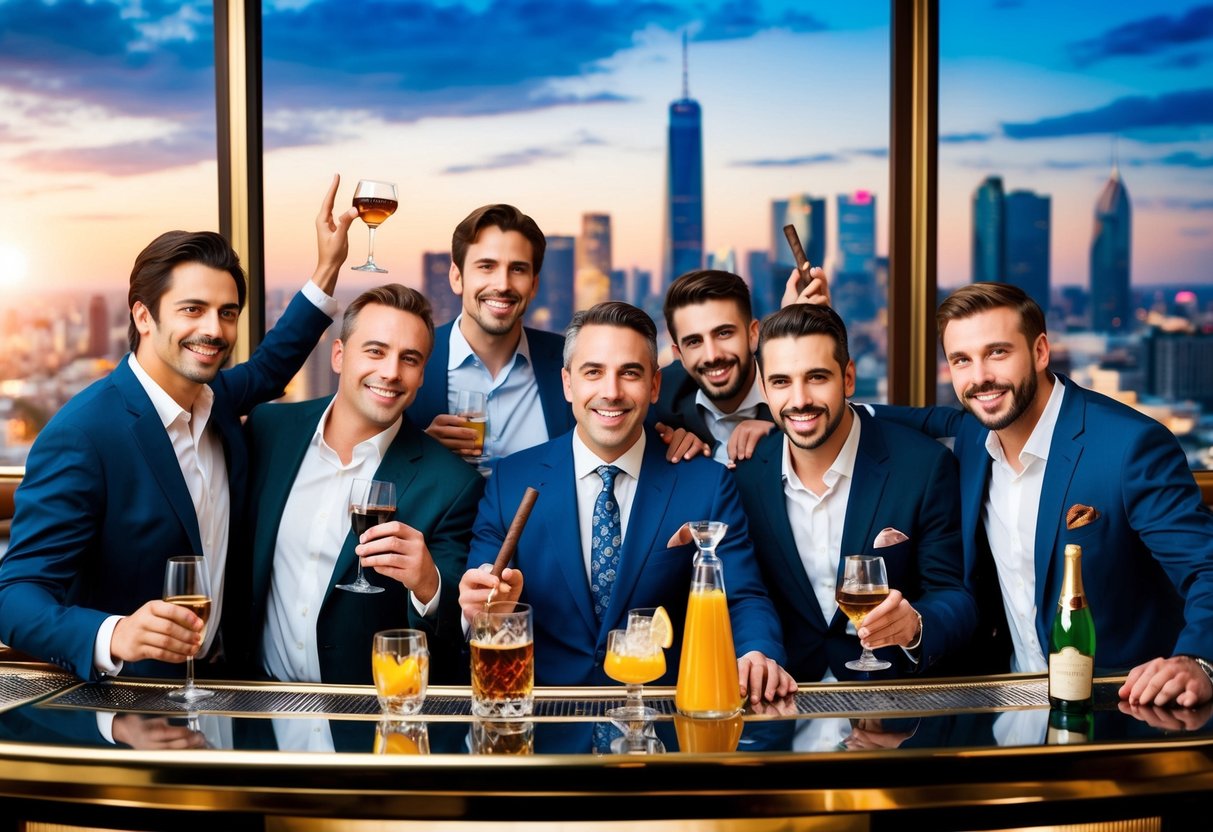 A group of men celebrating at a luxurious bar, surrounded by expensive drinks and cigars, with a view of a bustling city skyline