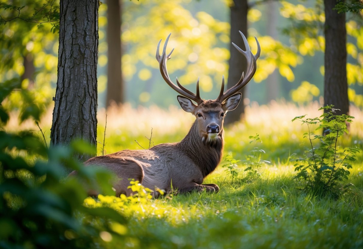 A tranquil forest clearing with a majestic stag resting among the dappled sunlight, surrounded by vibrant green foliage and a gentle breeze