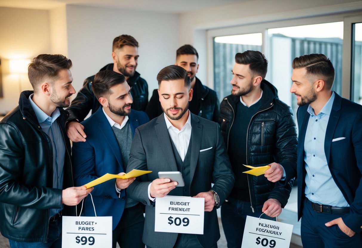 A group of men exploring various accommodation options for stag dos, ranging from budget-friendly to luxurious, with price tags displayed
