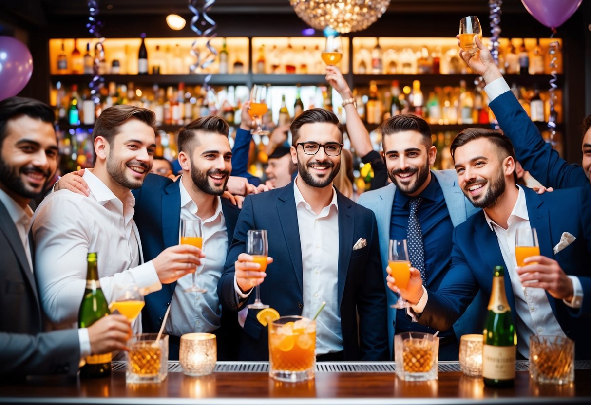 A group of men celebrating at a lively bar, surrounded by expensive drinks and party decorations
