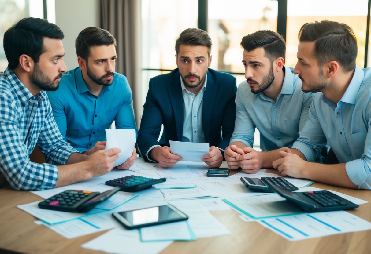 A group of men gather around a table covered in receipts, calculators, and spreadsheets. They discuss and debate the cost of a stag do, with worried expressions on their faces