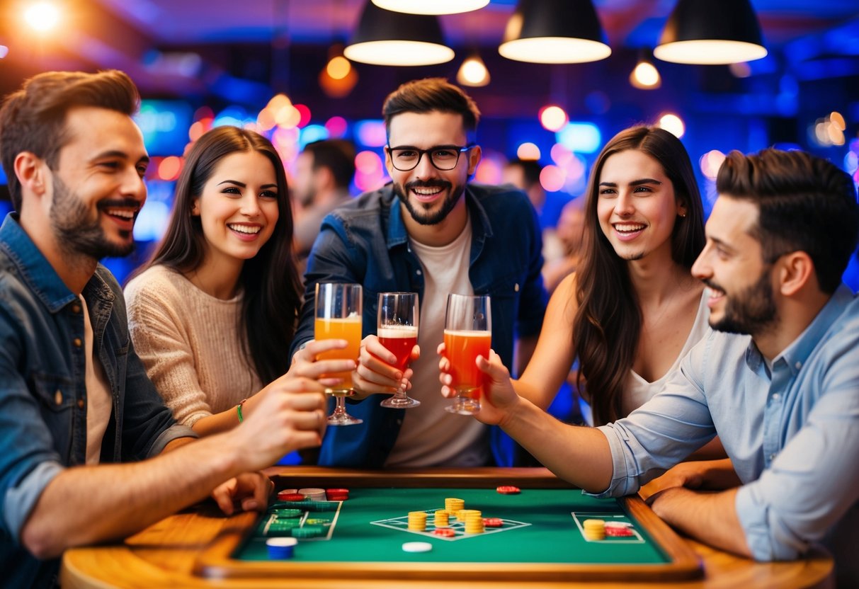 A group of friends celebrating with drinks and games at a lively bar