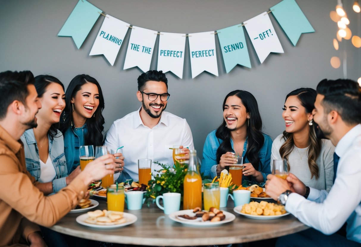 A group of friends gathered around a table with drinks and snacks, laughing and sharing stories. A banner with the words "Planning the Perfect Send-Off" hangs in the background