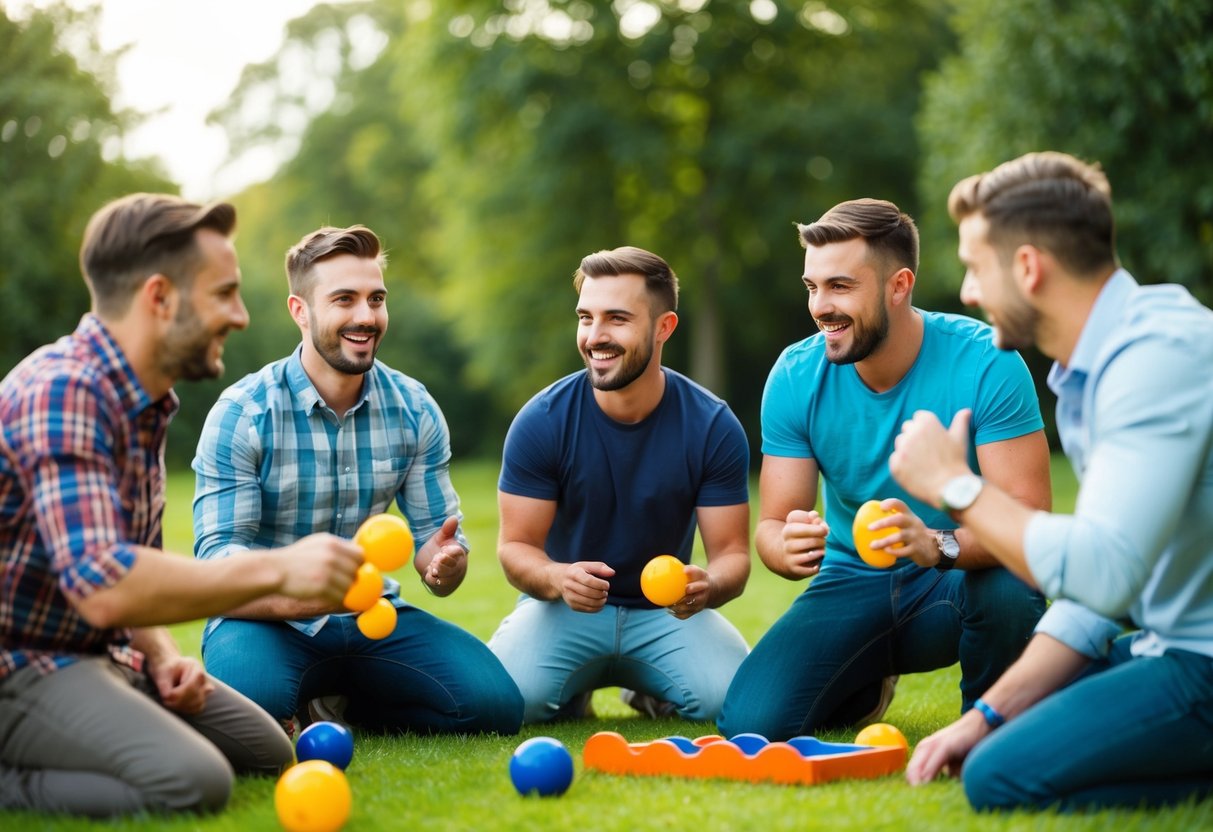 A group of friends playing games and enjoying outdoor activities at a stag do without alcohol