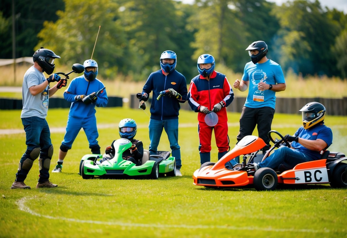 A group of friends enjoying outdoor activities like paintball, go-kart racing, and a barbecue, all while having a great time without alcohol