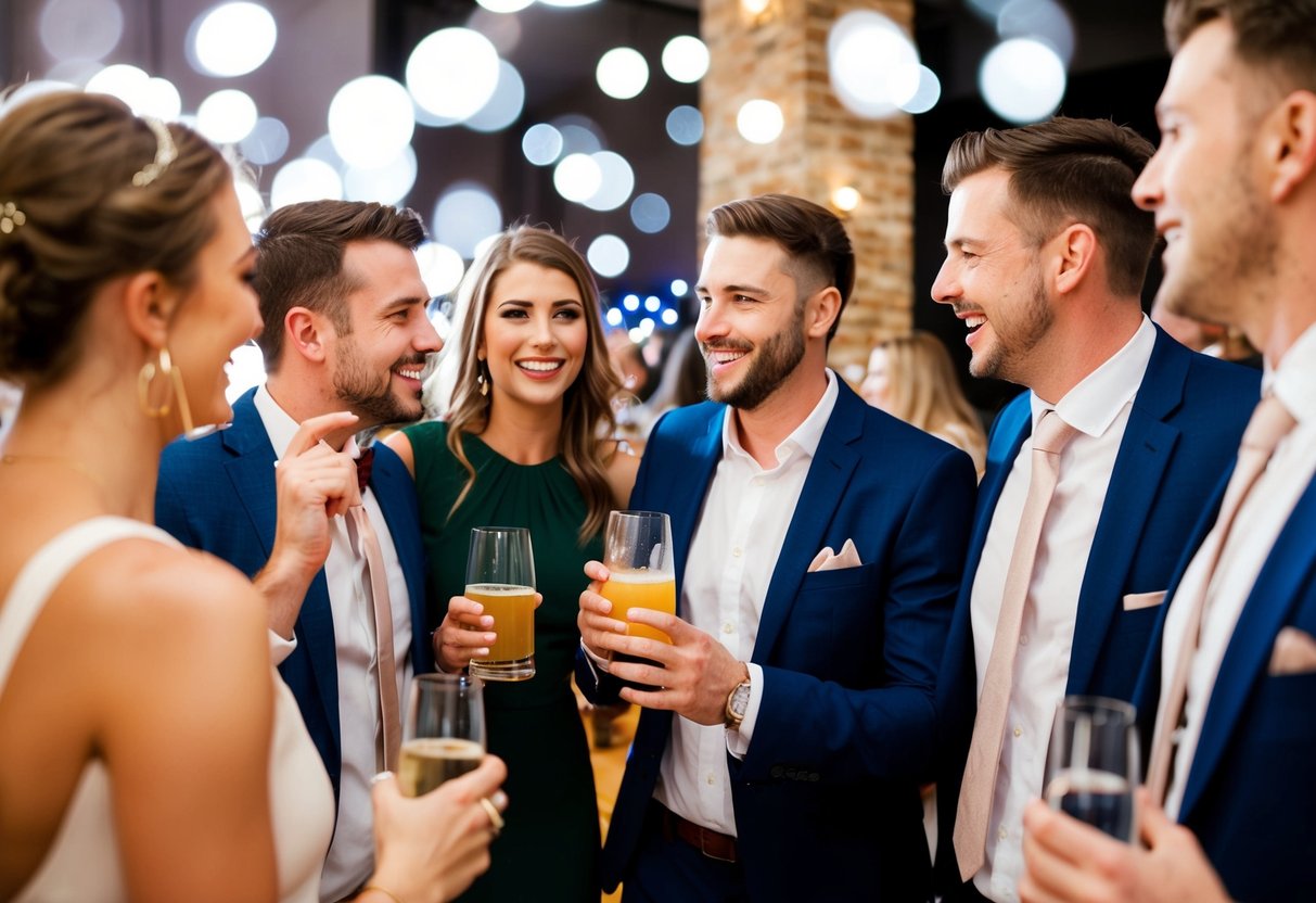 A group of people celebrating at a stag do, with one person holding a non-alcoholic drink and engaging in conversation with others