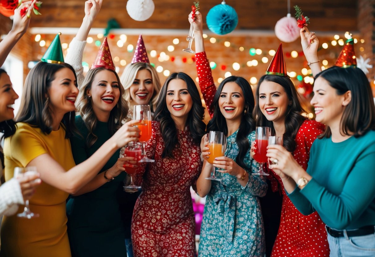 A group of women celebrating with drinks and decorations in a lively, festive setting