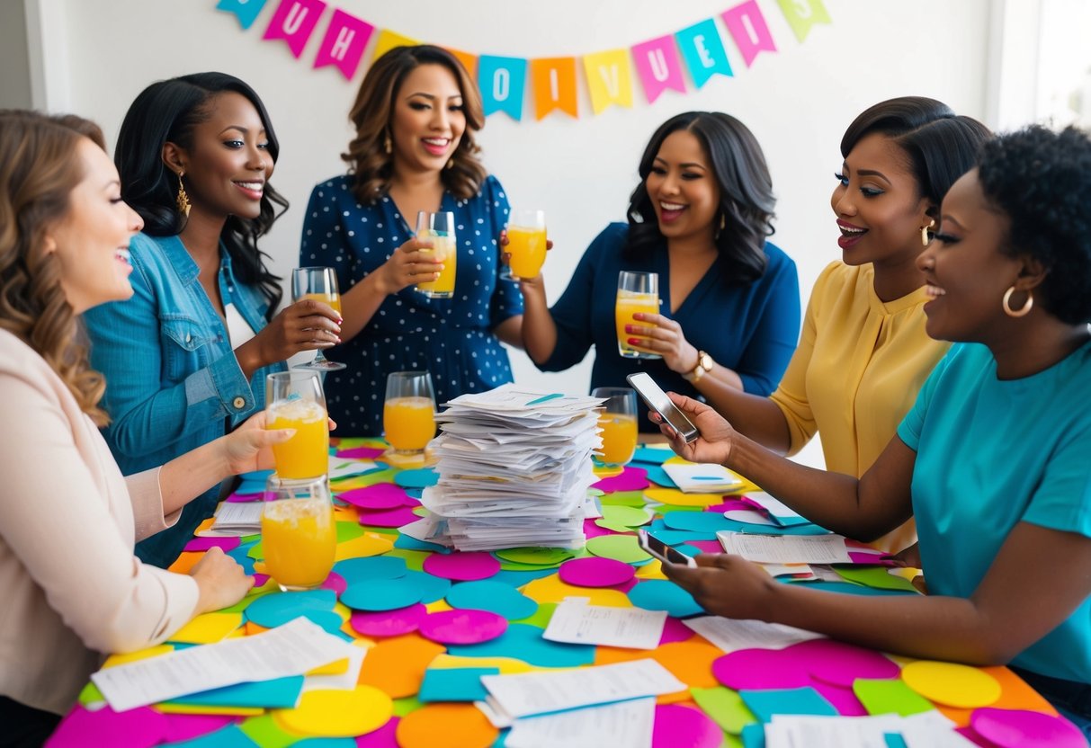 A group of women gather around a table covered in colorful decorations, sipping drinks and chatting excitedly. A stack of bills and receipts sits in the center, while one woman looks over a budget spreadsheet on her phone