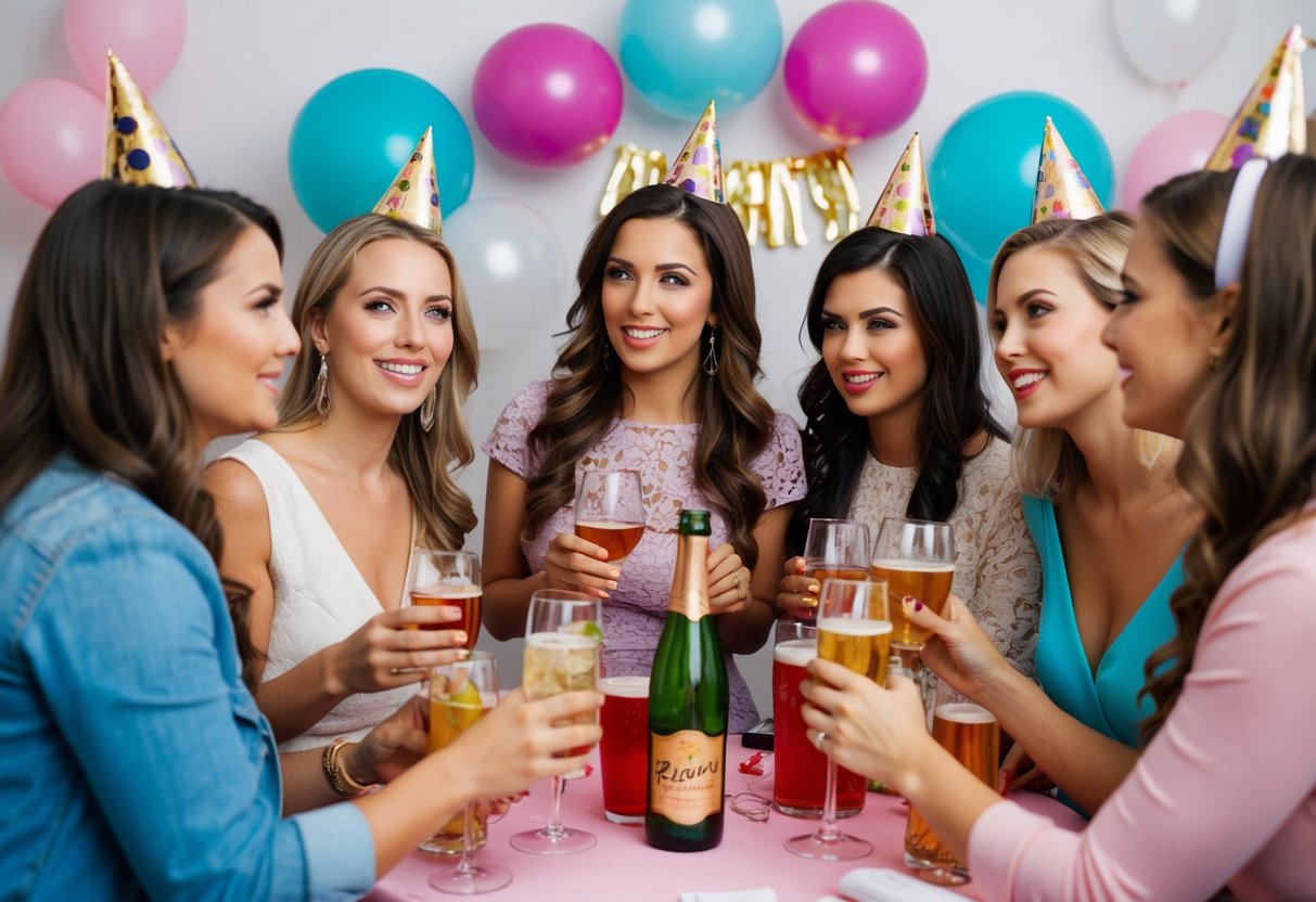 A group of women at a bachelorette party, surrounded by drinks and decorations, discussing who will cover the costs