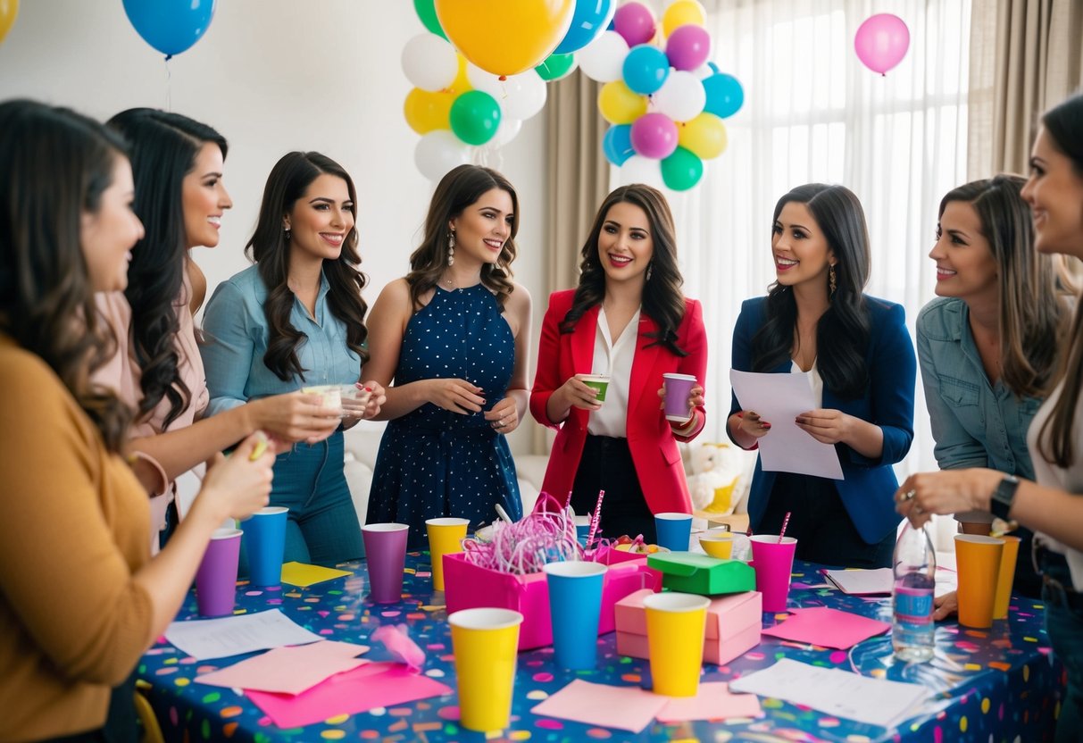 A group of women gather around a table covered in party supplies, discussing plans and budgeting for a bachelorette party