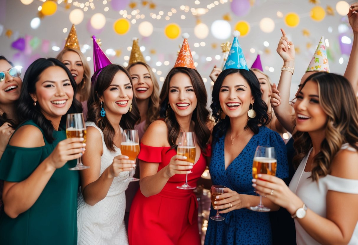 A group of women celebrating with drinks, music, and decorations in a lively and festive atmosphere