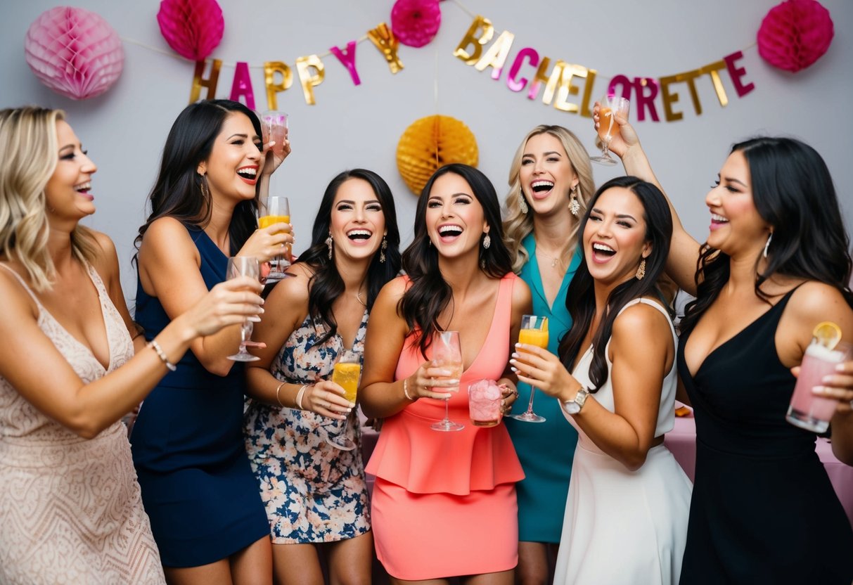A group of women celebrating with decorations, drinks, and laughter at a bachelorette party