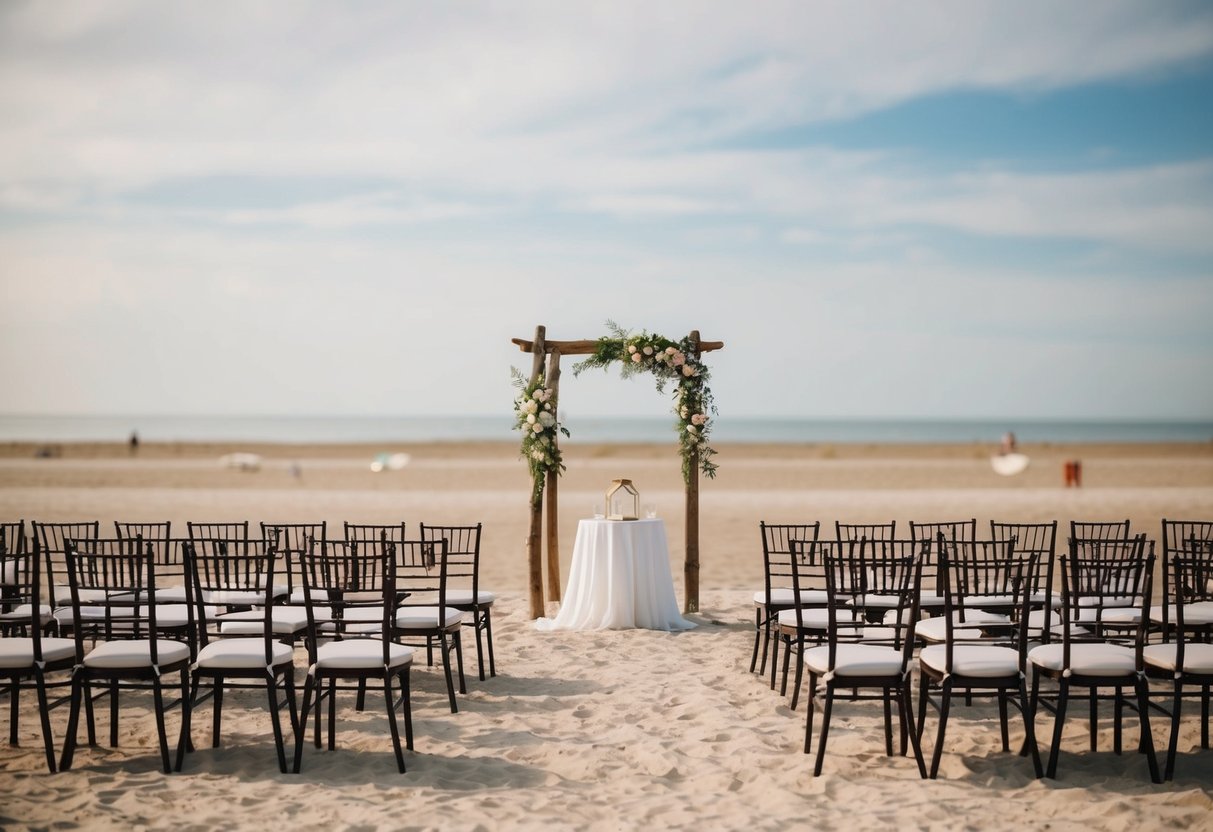 A deserted beach wedding set-up with empty chairs and untouched decorations