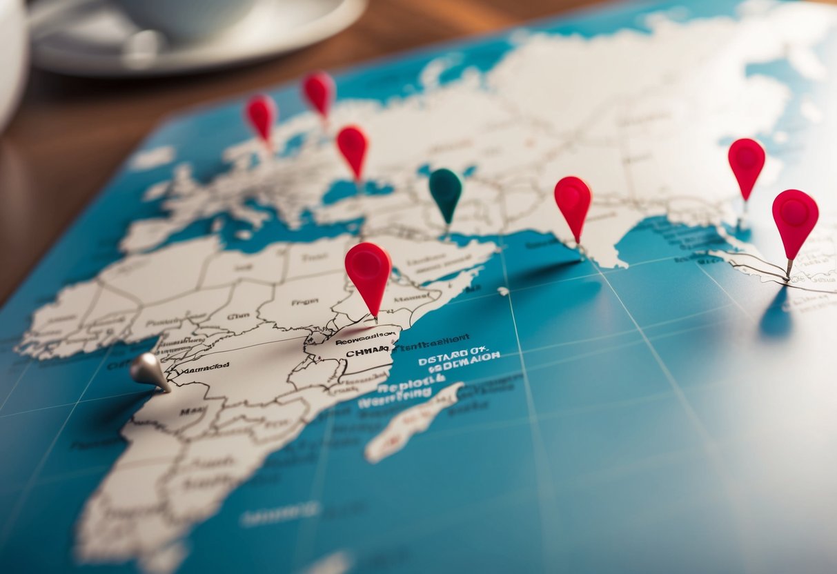 A map with pins marking the locations of guests unable to attend a destination wedding