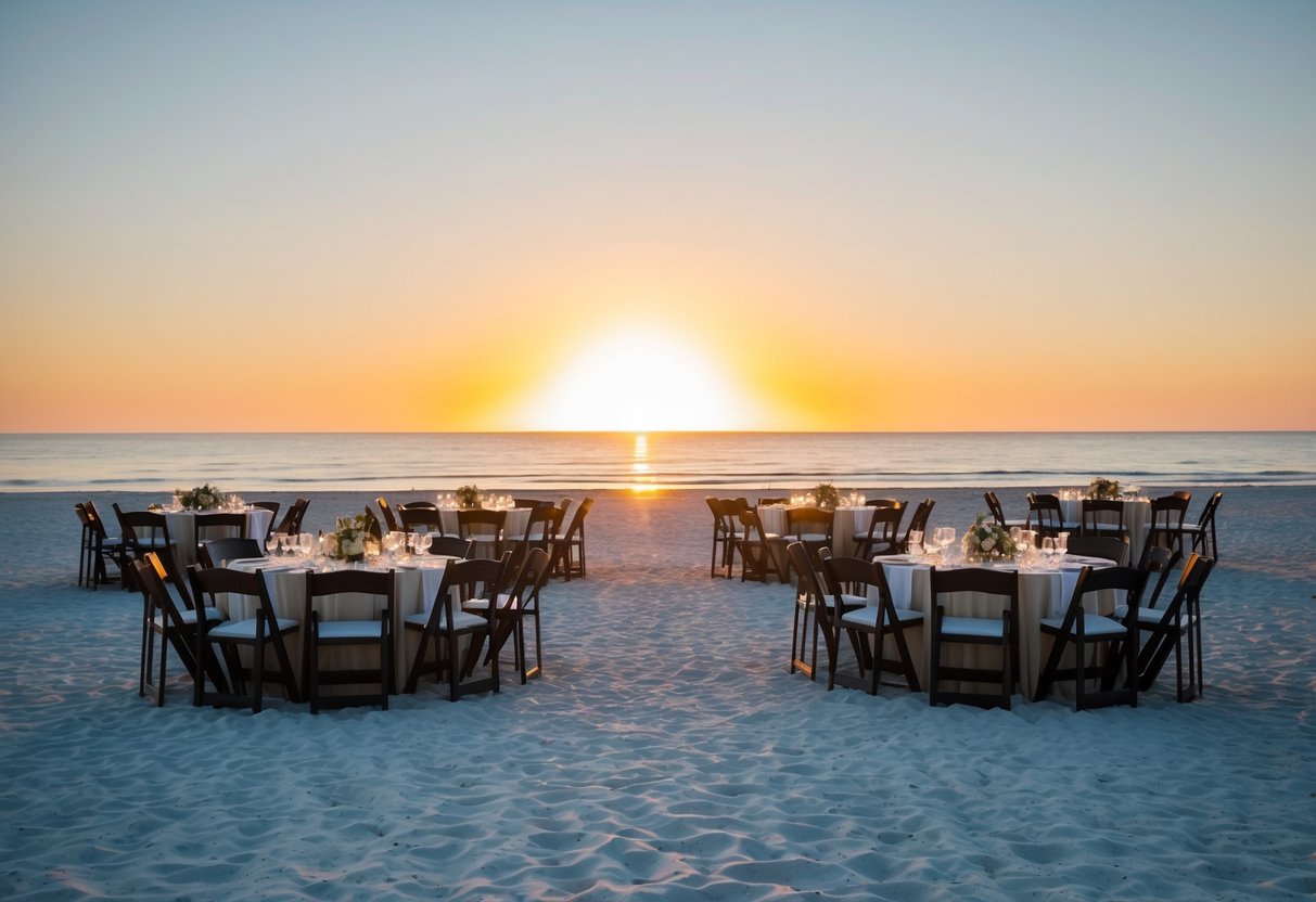 A deserted beach with empty chairs and tables set for a wedding. The sun sets over the ocean, casting a warm glow on the deserted scene
