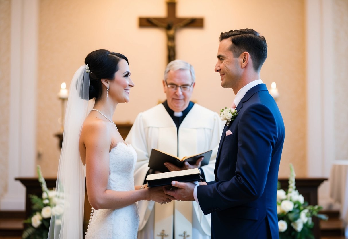 A bride and groom standing facing each other at the altar, with the officiant holding a book and ready to begin the ceremony