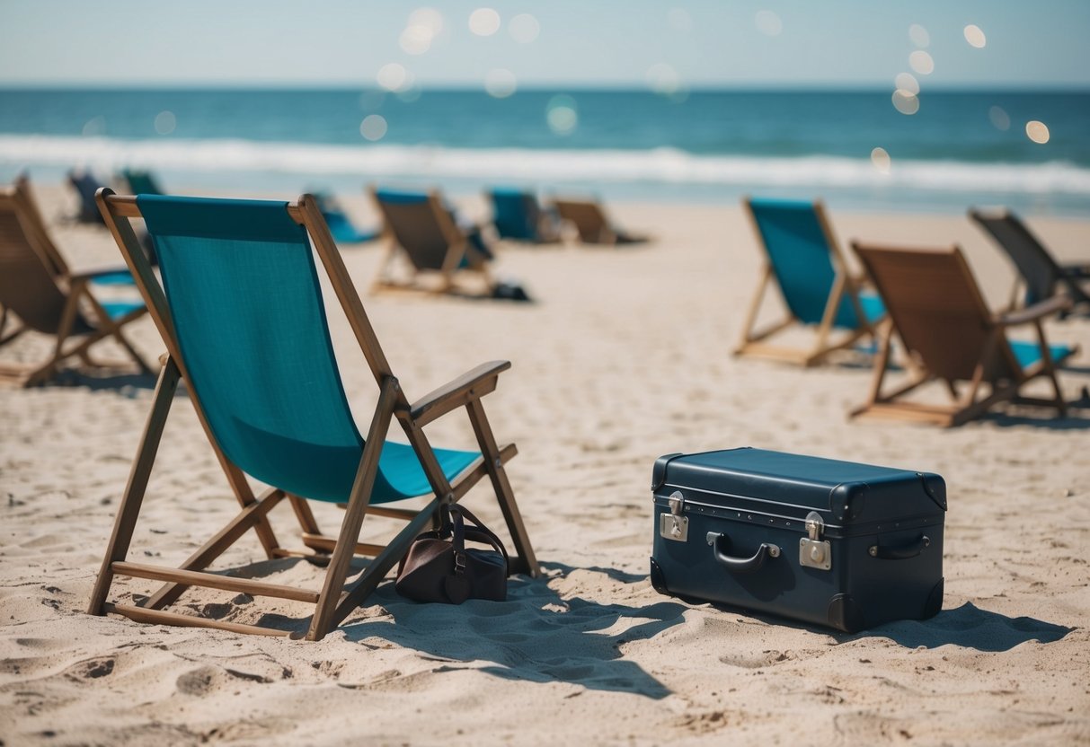 A deserted beach with abandoned beach chairs and scattered luggage