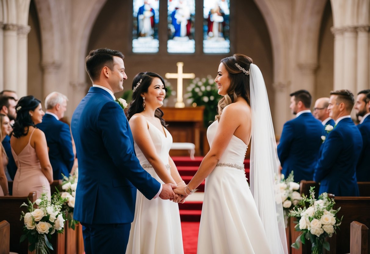 The couple stands facing each other at the altar, ready to exchange vows