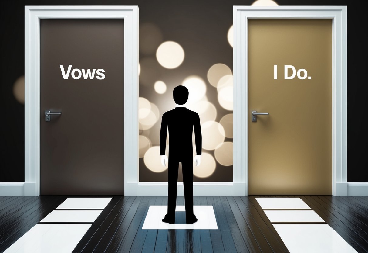 A figure stands before two separate paths, each leading to a different door. One path is labeled "Vows" and the other "I Do."