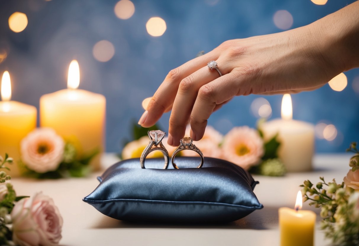 A hand reaching for a pair of wedding rings on a cushion, set against a background of flowers and candles