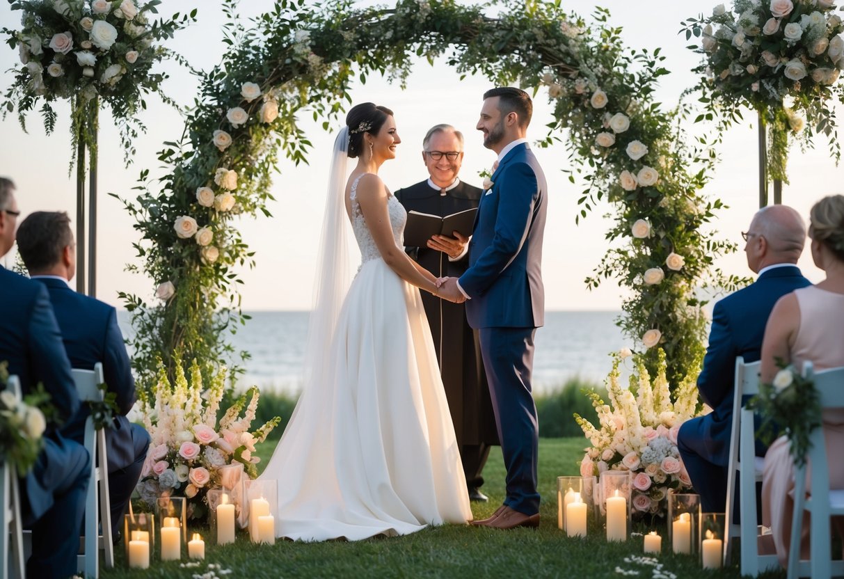 The couple stands facing each other, surrounded by flowers and candles, as the officiant prepares to lead them through their vows