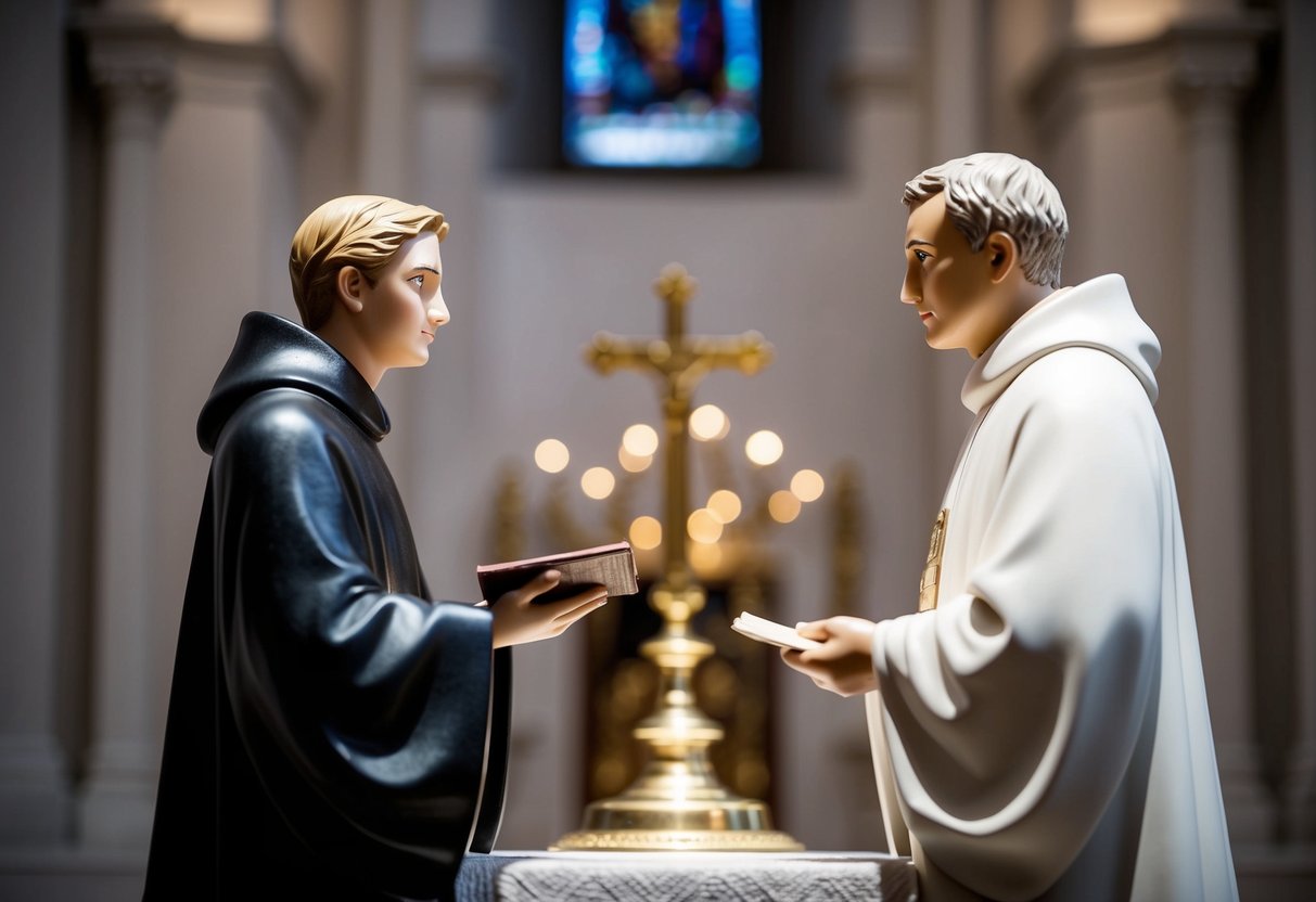 A figure stands at an altar, facing another figure. One holds a book or paper, while the other listens attentively