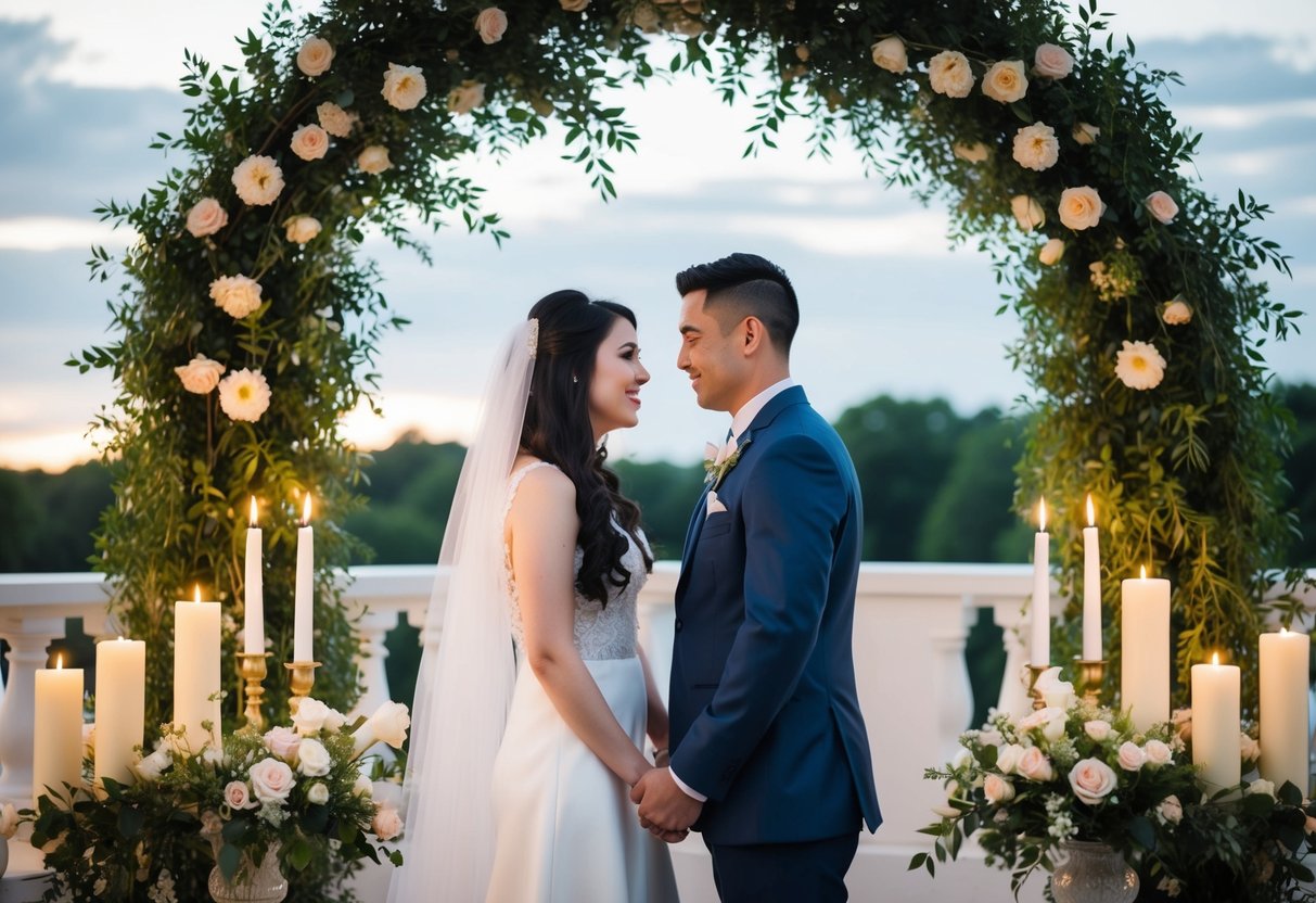 A couple stands facing each other, surrounded by symbolic elements of tradition such as candles, flowers, and a ceremonial arch