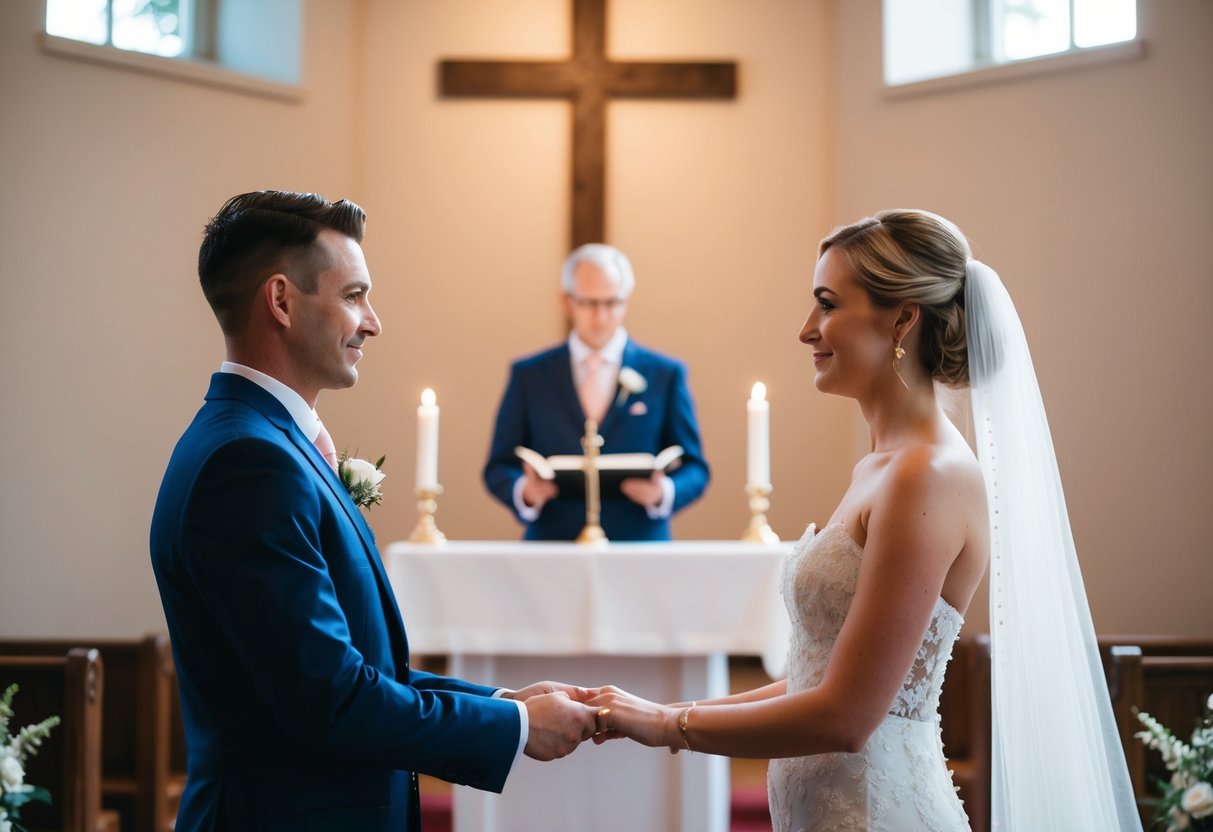 A person stands at an altar, facing their partner. They exchange vows, with the other person listening attentively