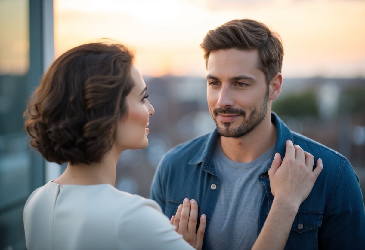 A man standing before a woman, holding her gaze, with a look of love and devotion in his eyes