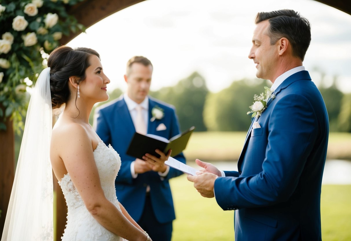 A husband standing before his wife, holding her gaze with sincerity and love as he recites his wedding vows