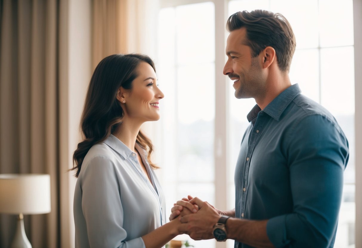 A man standing before a woman, holding her hand, speaking with sincerity and love. The setting is intimate, with soft lighting and a sense of warmth and affection