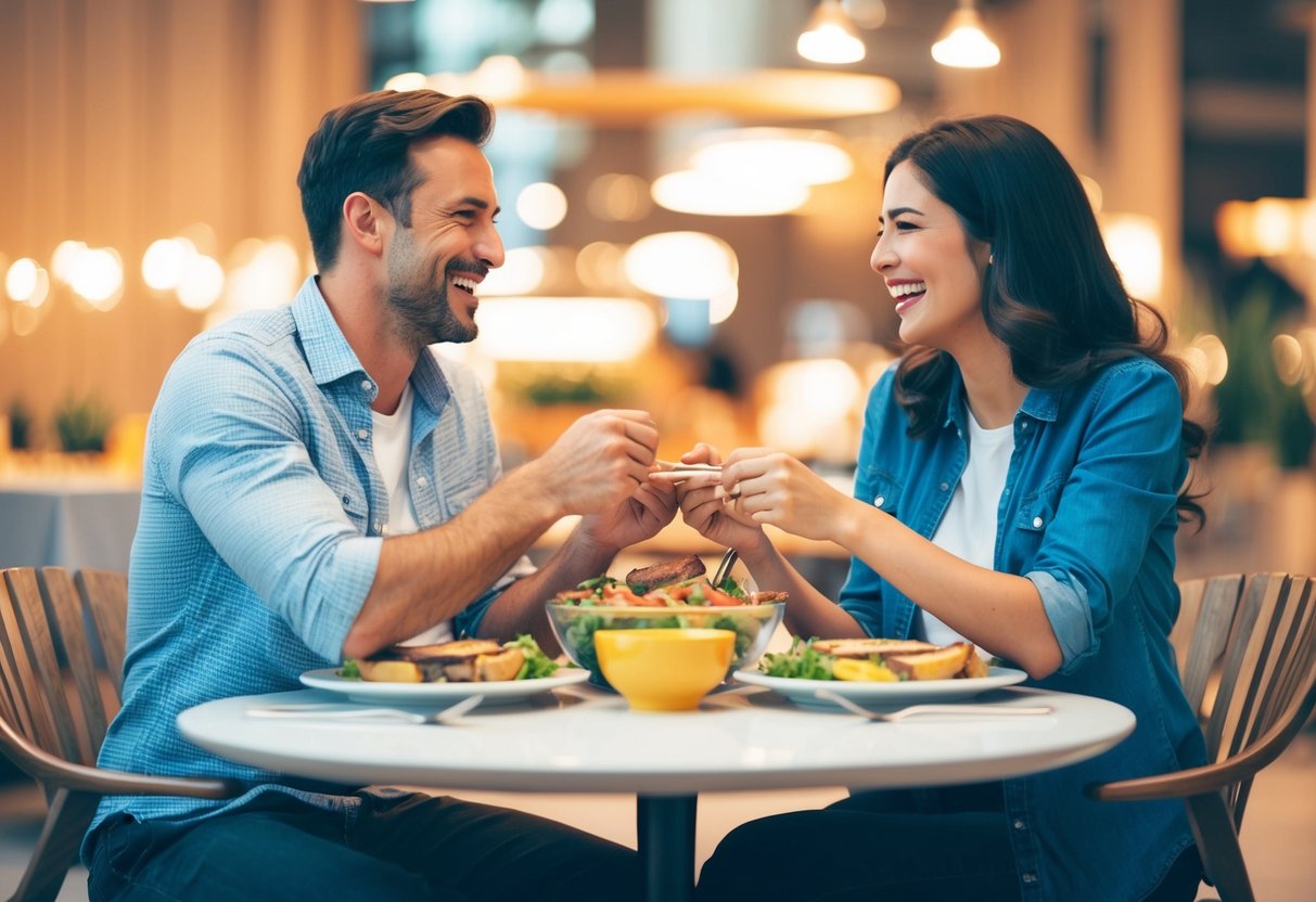 A husband and wife sitting together, sharing a meal, and laughing while holding hands