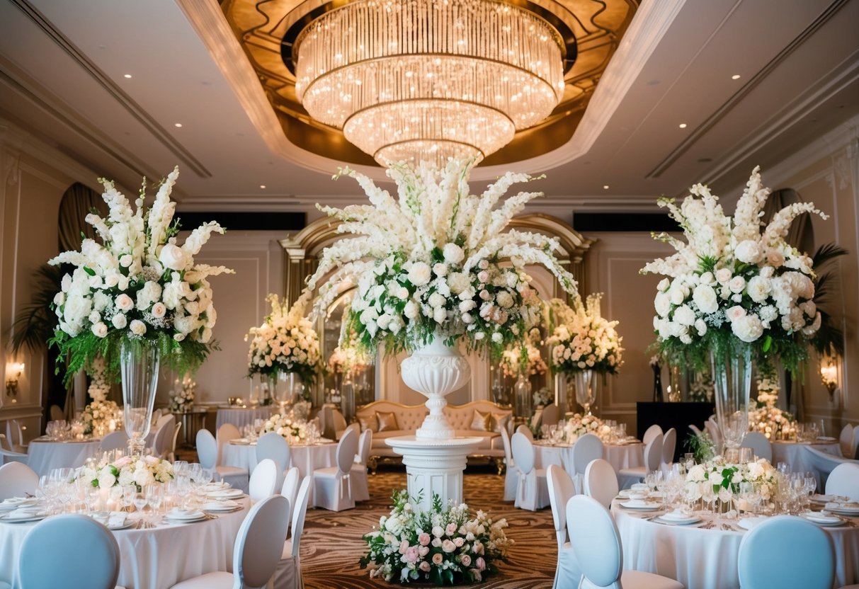 A lavish wedding venue with opulent decorations and extravagant floral arrangements
