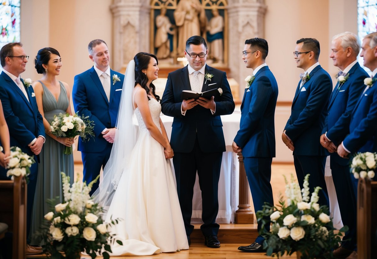 A bride and groom stand at the altar, surrounded by family and friends. The officiant speaks traditional vows as the couple listens attentively