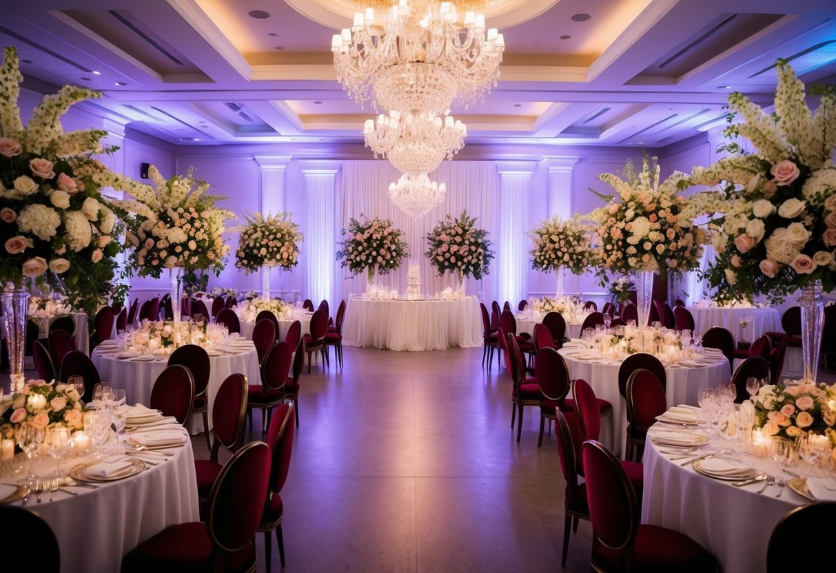 A lavish wedding venue with elegant decor and extravagant floral arrangements