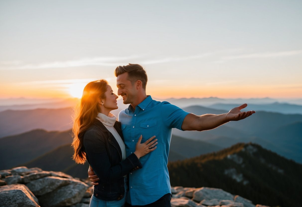 A scenic mountaintop at sunset, with a couple embracing, the man holding out an open palm towards the woman