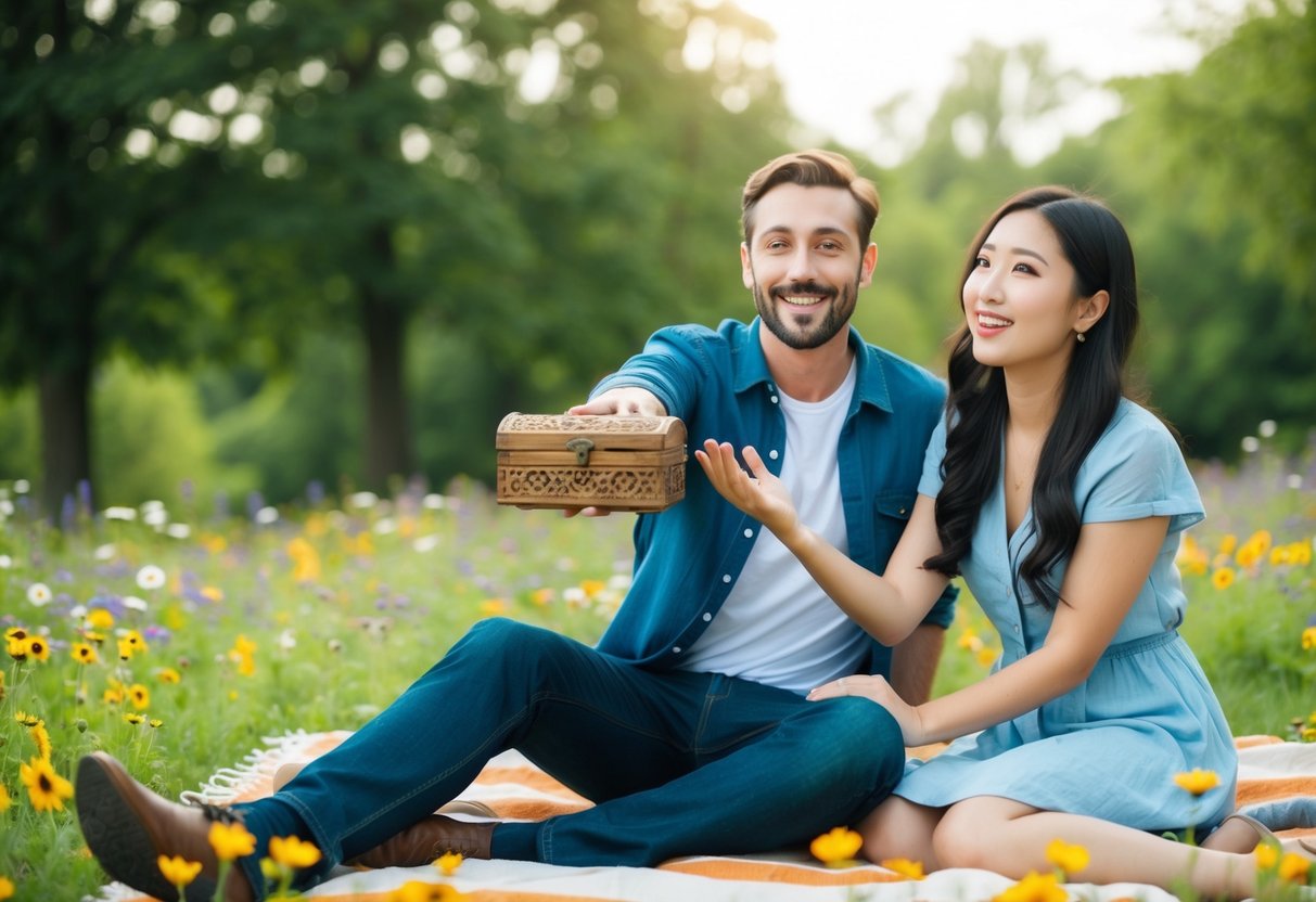 A couple sits on a blanket in a park, surrounded by wildflowers. The man holds out a small, intricately carved wooden box, while the woman looks at him with a surprised and delighted expression
