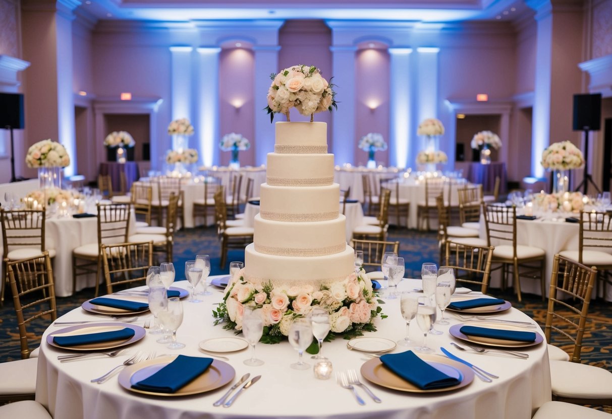A grand wedding reception hall with empty tables and chairs, a lavish floral centerpiece, and a towering wedding cake, all set for a large guest count