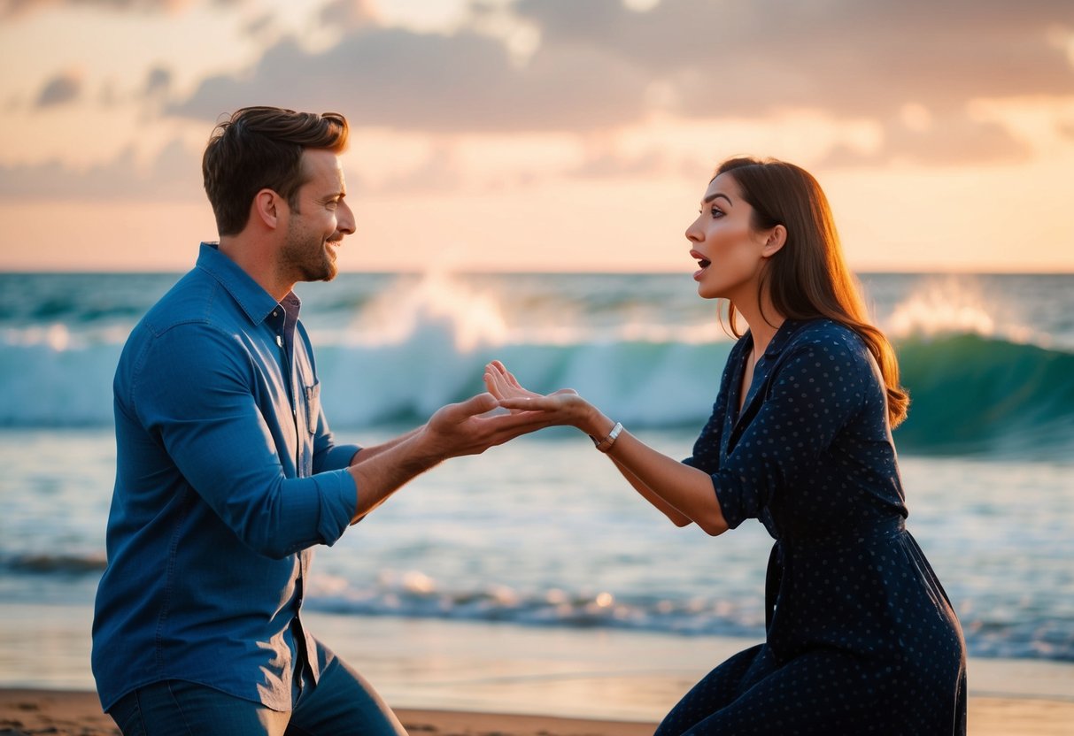 A man kneels on a beach at sunset, holding out an open palm towards his girlfriend. She looks surprised and emotional, with the ocean waves crashing in the background