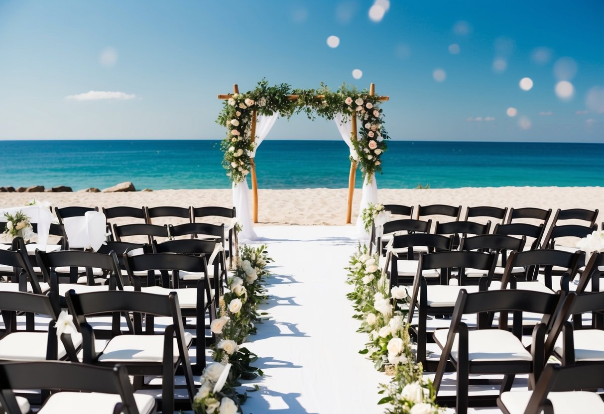 A beachside wedding with chairs and decorations set up for a ceremony, with a view of the ocean and a clear blue sky