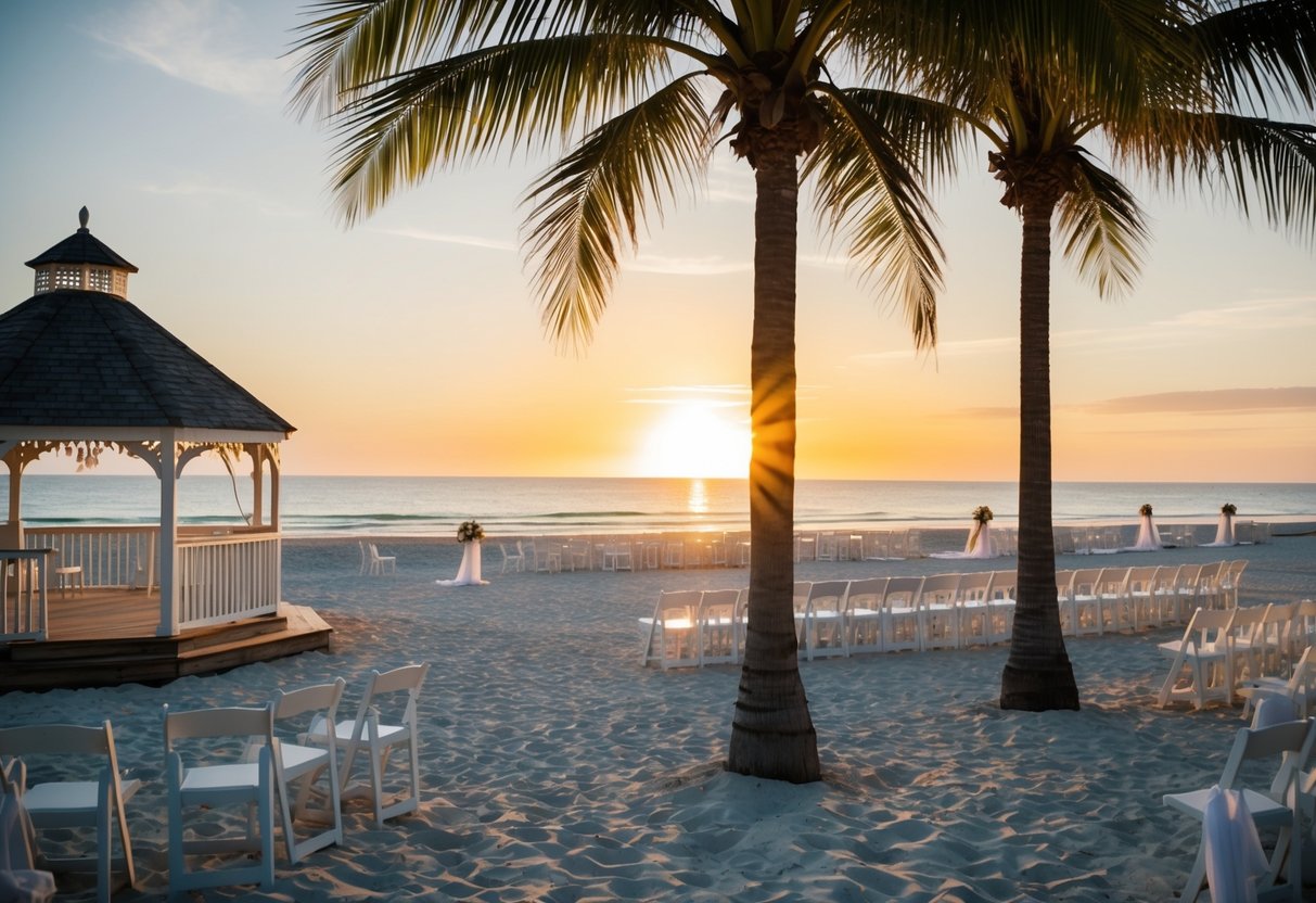 A beachside wedding with a gazebo, palm trees, and scattered chairs. The sun sets over the ocean as a gentle breeze blows through the scene