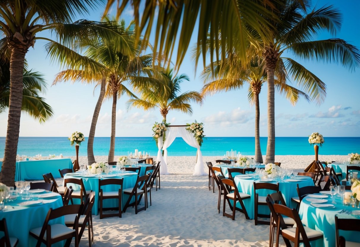 A beach wedding with chairs and tables set up for a reception, surrounded by palm trees and a clear blue ocean in the background
