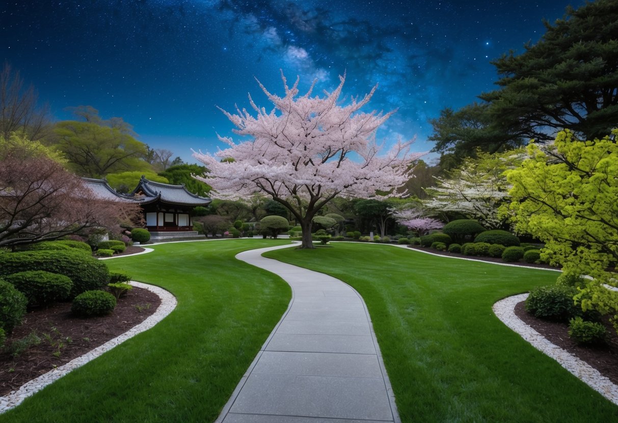A serene garden with a winding path leading to a blooming cherry blossom tree under a starry night sky