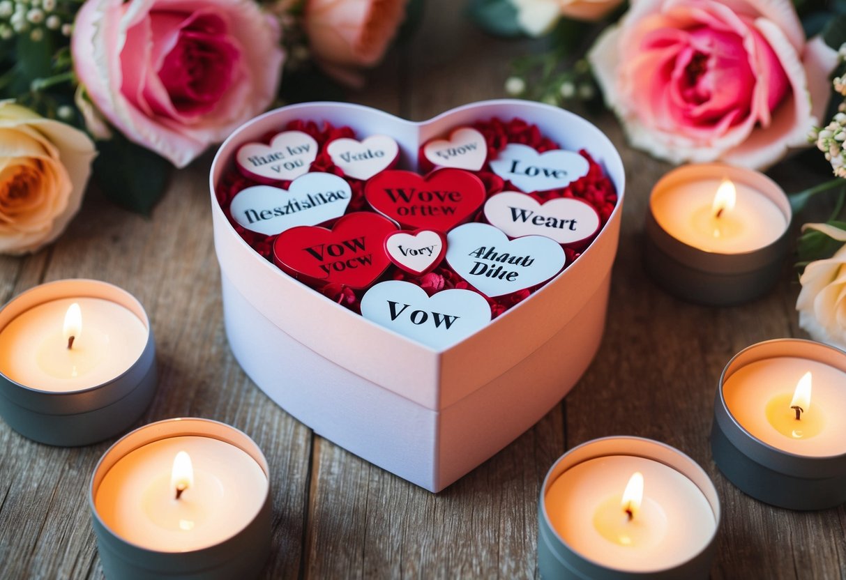 A heart-shaped box filled with various vow styles, surrounded by romantic candles and flowers